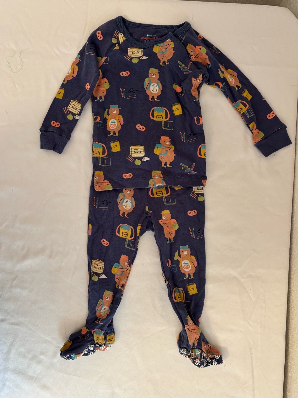 Navy Magnetic Me Bear-Print Kids Pajama Set - Long Sleeve Top & Footed Pants